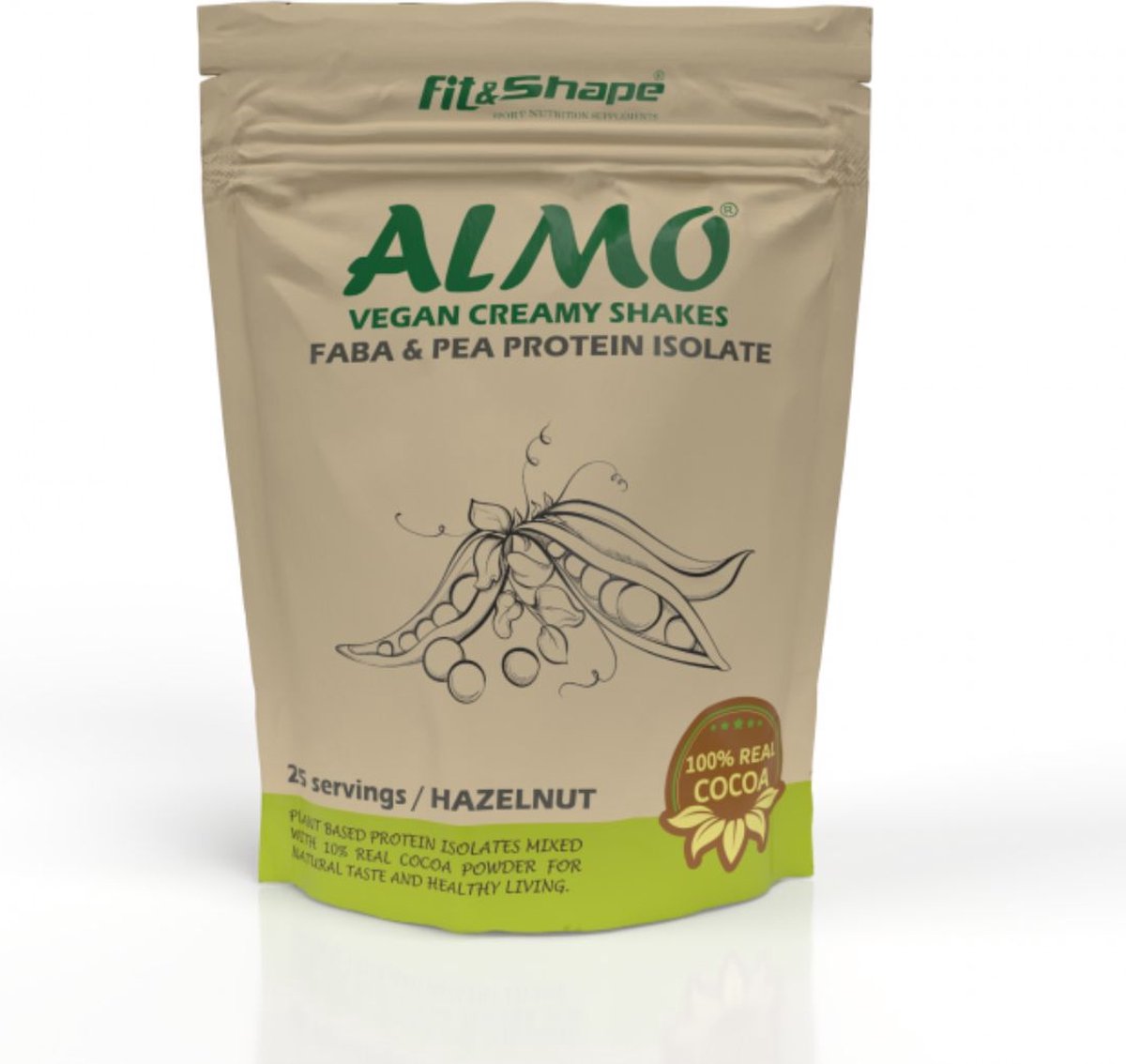 Fit&Shape ALMO Plantaardig Eiwitpoeder (Smaak: Hazelnoot) - Vegan Eiwitshake - Biologisch Erwten & FABA eiwit isolaat- 750gram (25 Shakes) inclusief maatschep (Plant-based Protein - Vegan Protein - Plantaardig Proteine Poeder)