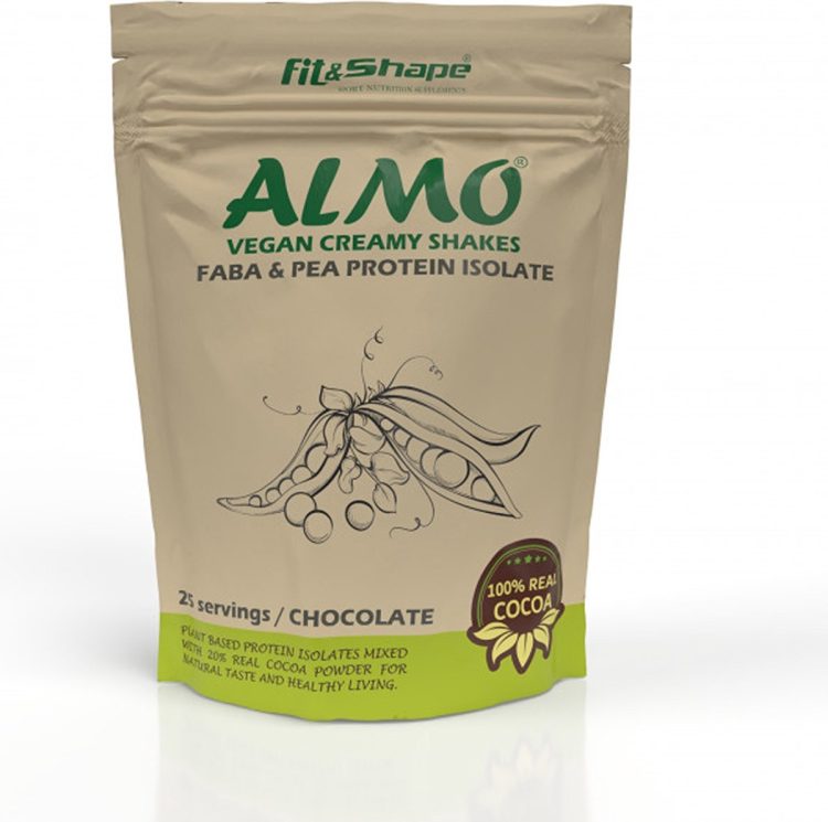 Fit&Shape ALMO Plantaardig Eiwitpoeder (Smaak: chocolade ) - Vegan Eiwitshake - Biologisch Erwten & FABA eiwit isolaat- 750gram (25 Shakes) inclusief maatschep (Plant-based Protein - Vegan Protein - Plantaardig Proteine Poeder)