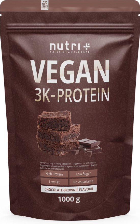 nutri+ Vegan 3K Protein - Eiwitpoeder Chocolate Brownie - Veganistisch proteïne poeder - met proteïnen uit soja, erwten en zonnebloem - lactosevrij en glutenvrij - 1000 g