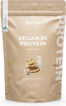 nutri+ Vegan 3K Protein - Eiwitpoeder Cookies & Cream - Veganistisch proteïne poeder - met proteïnen uit soja, erwten en zonnebloem - lactosevrij en glutenvrij - 1000 g
