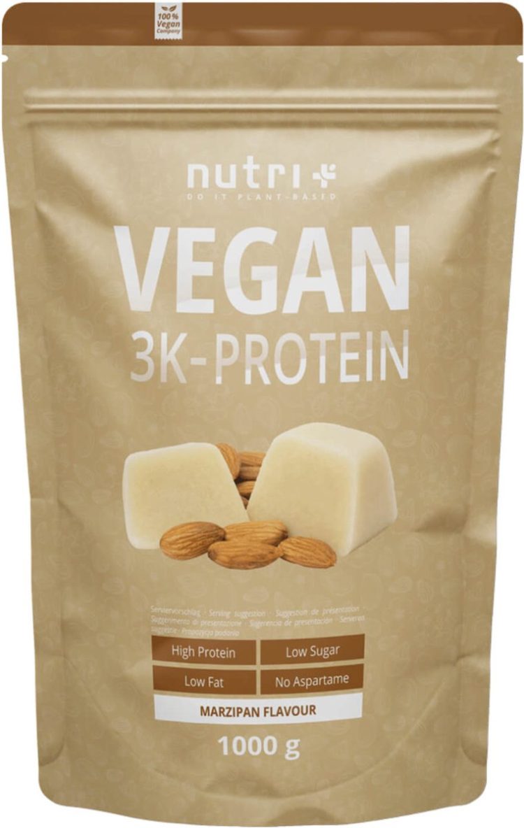 nutri+ Vegan 3K Protein - Eiwitpoeder Marsepein - Veganistisch proteïne poeder - met proteïnen uit soja, erwten en zonnebloem - lactosevrij en glutenvrij - 1000 g