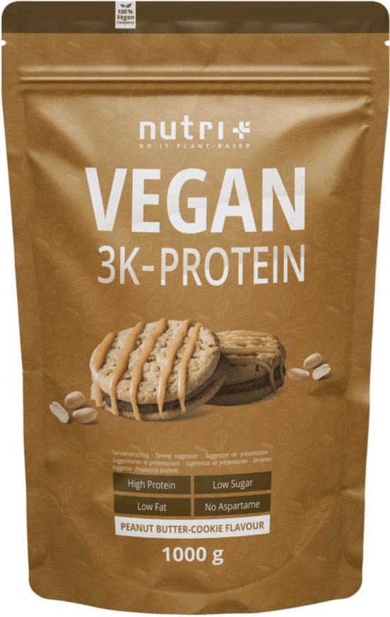 nutri+ Vegan 3K Protein - Eiwitpoeder Peanutbutter Cookie - Veganistisch proteïne poeder - met proteïnen uit soja, erwten en zonnebloem - lactosevrij en glutenvrij - 1000 g