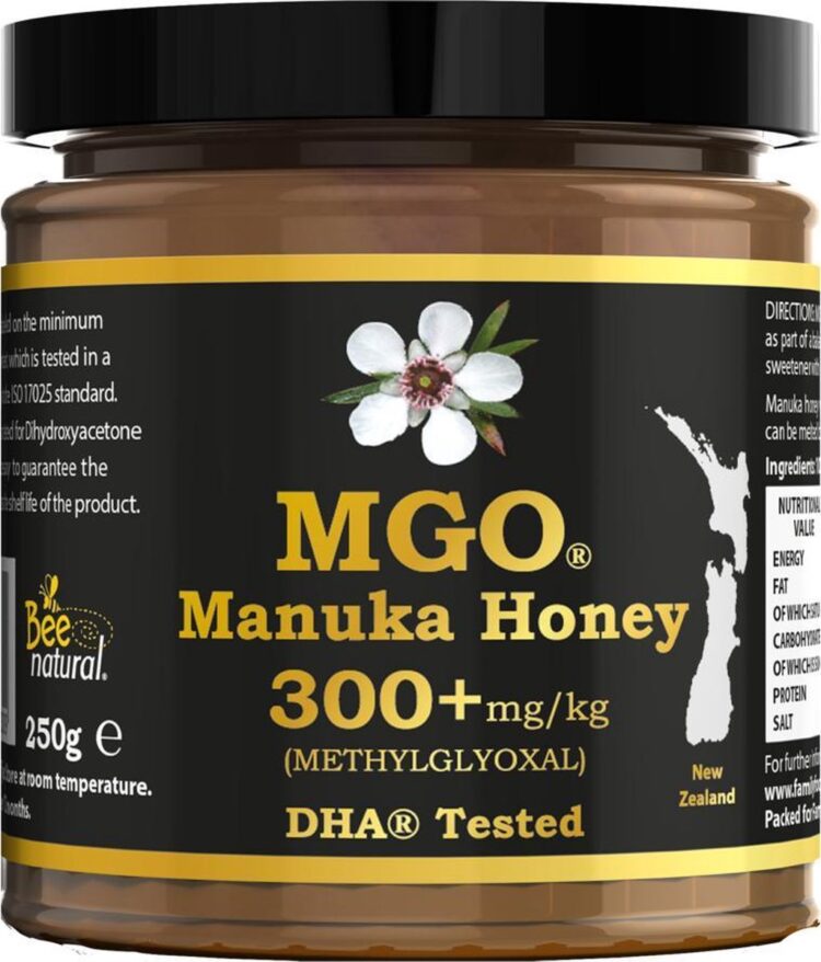 Bee Natural MGO 300+ Manuka Honing in een milieuvriendelijke echt glazen pot van ongekleurd glas * 250G Premium Monoflorale ManukaHoning uit Nieuw-Zeeland # T.h.t. 01-03-2027 # MGO 182 = UMF 8, 250 = UMF 9, 300 = UMF 10, 310 = UMF 11, 400 = UMF 12