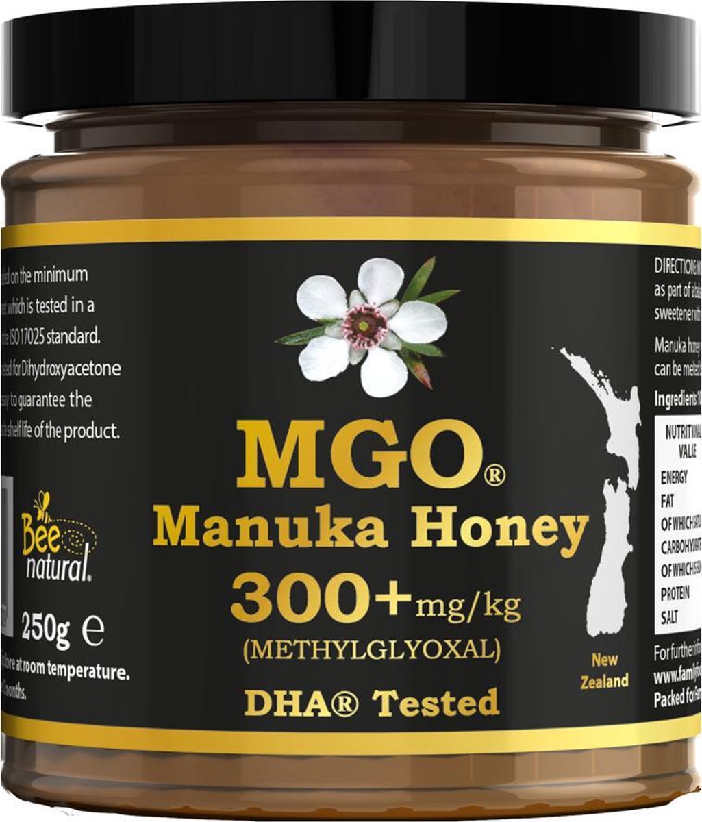 Bee Natural MGO 300+ Manuka Honing in een milieuvriendelijke echt glazen pot van ongekleurd glas * 250G Premium Monoflorale ManukaHoning uit Nieuw-Zeeland # T.h.t. 01-03-2027 # MGO 182 = UMF 8, 250 = UMF 9, 300 = UMF 10, 310 = UMF 11, 400 = UMF 12