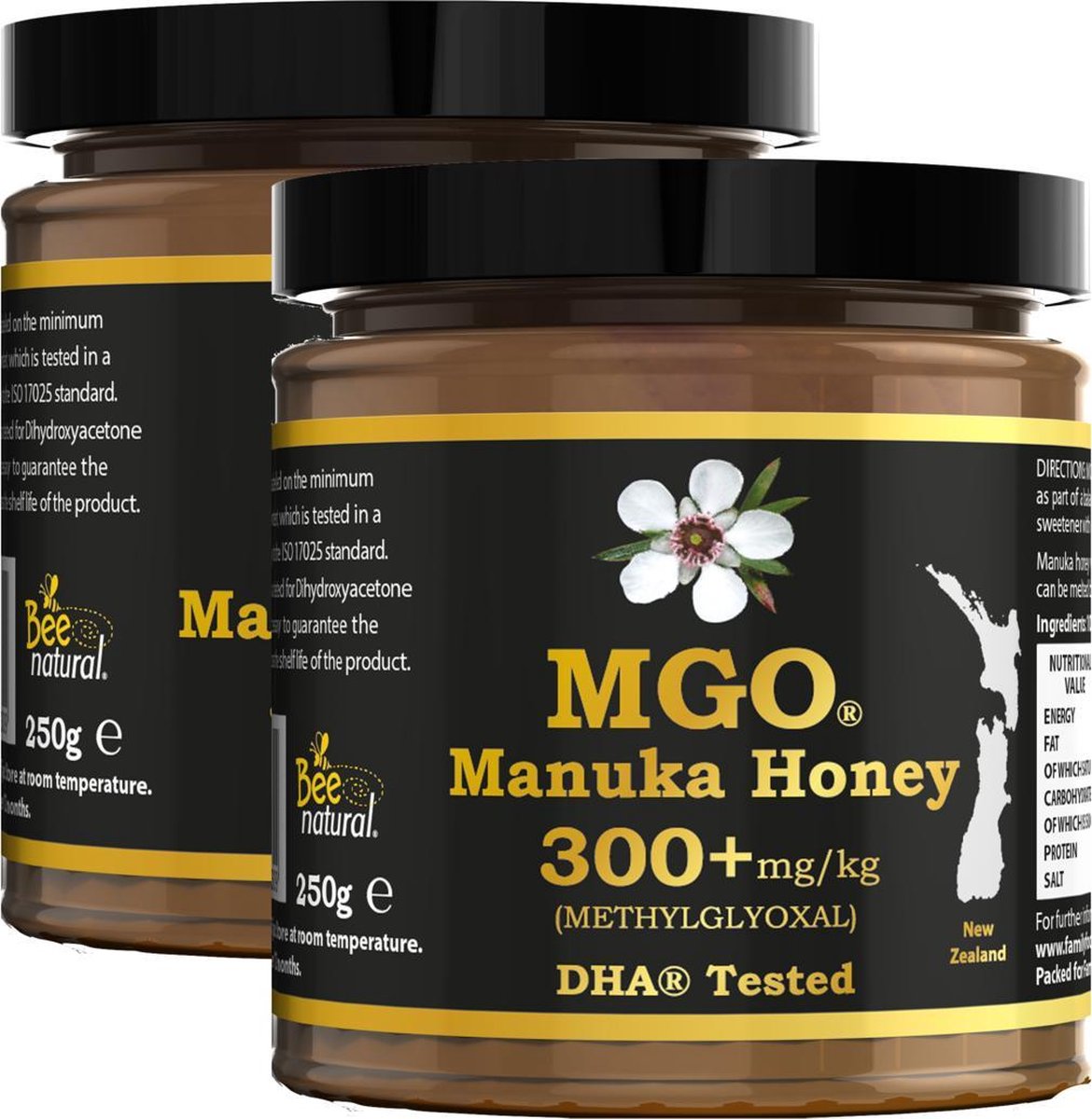 Bee Natural MGO 300+ Manuka Honing in een milieuvriendelijke echt glazen pot van ongekleurd glas * 2x 250G Premium Monoflorale ManukaHoning uit Nieuw-Zeeland # T.h.t. 01-03-2027 # MGO 182 = UMF 8, 250 = UMF 9, 300 = UMF 10, 310 = UMF 11, 400 = UMF 12