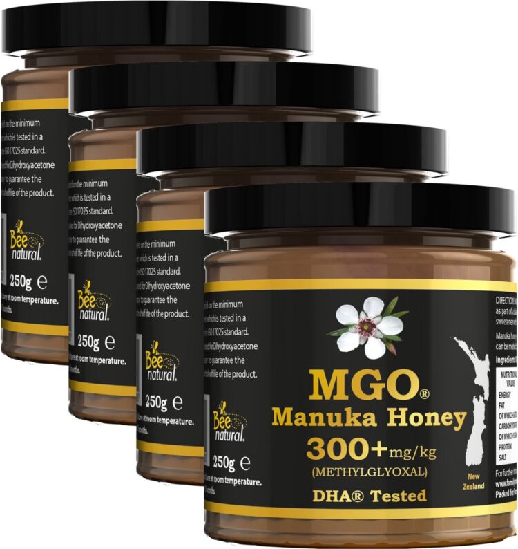 Bee Natural MGO 300+ Manuka Honing in een milieuvriendelijke echt glazen pot van ongekleurd glas * 4x 250G Premium Monoflorale ManukaHoning uit Nieuw-Zeeland # T.h.t. 01-03-2027 # MGO 182 = UMF 8, 250 = UMF 9, 300 = UMF 10, 310 = UMF 11, 400 = UMF 12