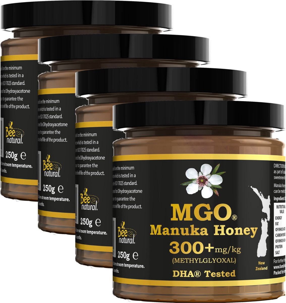 Bee Natural MGO 300+ Manuka Honing in een milieuvriendelijke echt glazen pot van ongekleurd glas * 4x 250G Premium Monoflorale ManukaHoning uit Nieuw-Zeeland # T.h.t. 01-03-2027 # MGO 182 = UMF 8, 250 = UMF 9, 300 = UMF 10, 310 = UMF 11, 400 = UMF 12