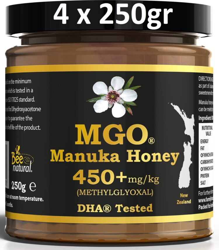 Bee Natural MGO 450+ Manuka Honing in een milieuvriendelijke echt glazen pot van ongekleurd glas * 4x 250G Premium Monoflorale ManukaHoning uit Nieuw-Zeeland # T.h.t. 01-11-2026 # MGO 300 = UMF 10, 356 400 = UMF 12, 420 450 = UMF 13, 514 550 = UMF 15