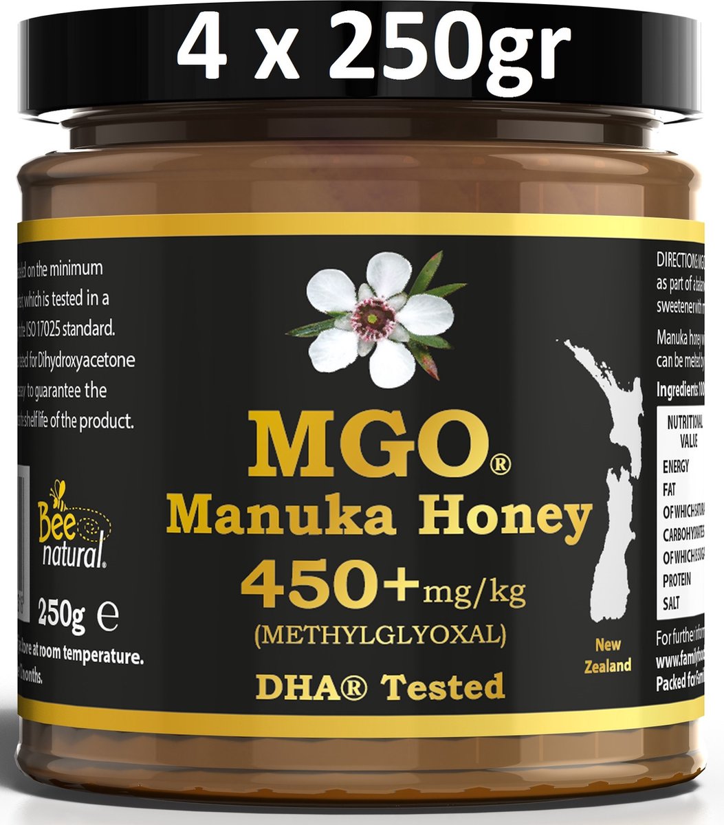 Bee Natural MGO 450+ Manuka Honing in een milieuvriendelijke echt glazen pot van ongekleurd glas * 4x 250G Premium Monoflorale ManukaHoning uit Nieuw-Zeeland # T.h.t. 01-11-2026 # MGO 300 = UMF 10, 356 400 = UMF 12, 420 450 = UMF 13, 514 550 = UMF 15