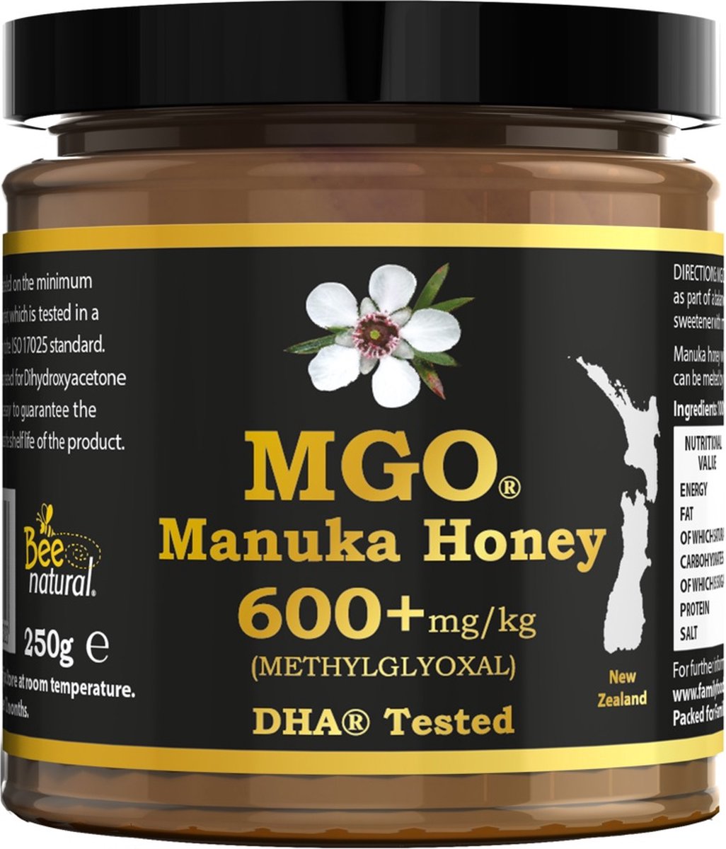 Bee Natural MGO 600+ Manuka Honing in een milieuvriendelijke echt glazen pot van ongekleurd glas * 250G Premium Monoflorale ManukaHoning uit Nieuw-Zeeland # T.h.t. 01-06-2027 # MGO 400 = UMF 12, 420 450 = UMF 13, 514 550 = UMF 15, 600 625 = UMF 16