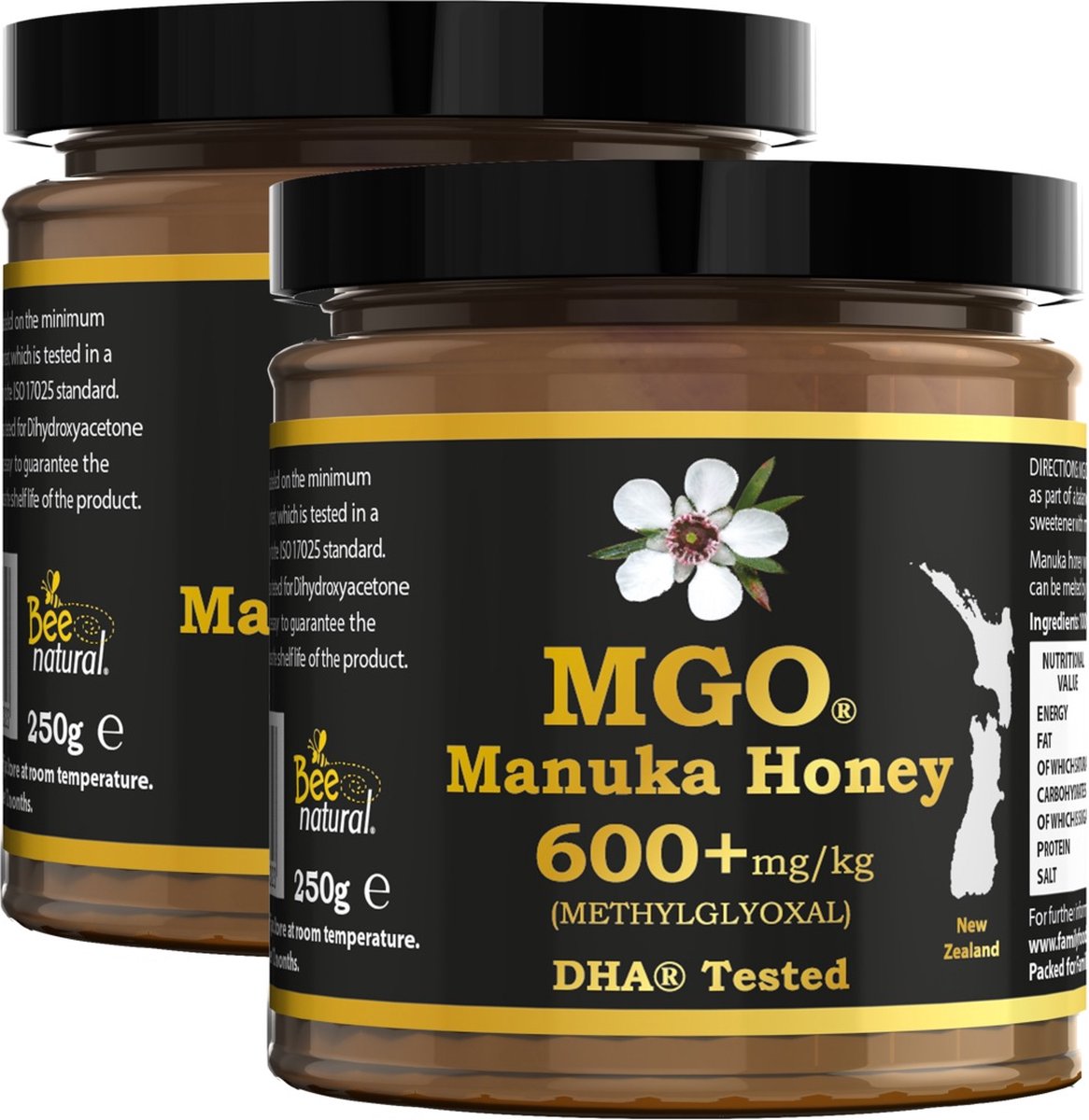 Bee Natural MGO 600+ Manuka Honing in een milieuvriendelijke echt glazen pot van ongekleurd glas * 2x 250G Premium Monoflorale ManukaHoning uit Nieuw-Zeeland # T.h.t. 01-06-2027 # MGO 400 = UMF 12, 420 450 = UMF 13, 514 550 = UMF 15, 600 625 = UMF 16