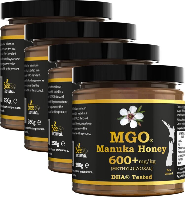 Bee Natural MGO 600+ Manuka Honing in een milieuvriendelijke echt glazen pot van ongekleurd glas * 4x 250G Premium Monoflorale ManukaHoning uit Nieuw-Zeeland # T.h.t. 01-06-2027 # MGO 400 = UMF 12, 420 450 = UMF 13, 514 550 = UMF 15, 600 625 = UMF 16