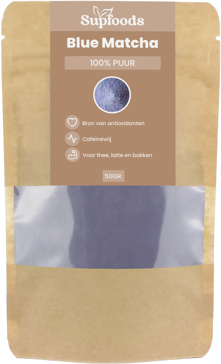 Blue Matcha 100% Puur - 50gr - Cafeïnevrij en Vegan - Ideaal voor Matcha Thee, Matcha Latte en Smoothies - Butterfly Pea Tea - Kittelbloem of Vlindererwt Thee - Natuurlijke Kleurstof Bakken - Chai latte