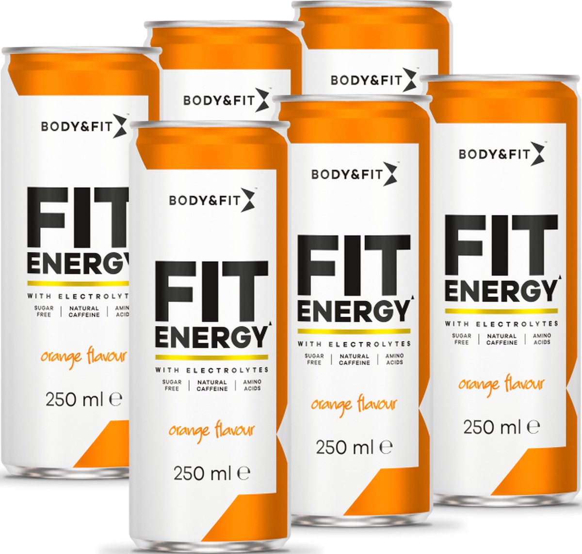 Body & Fit FIT Energy Drink - Orange - 6 Blikjes - Hypotone Sportdrank met Elektrolyten en BCAA - 1500 ml