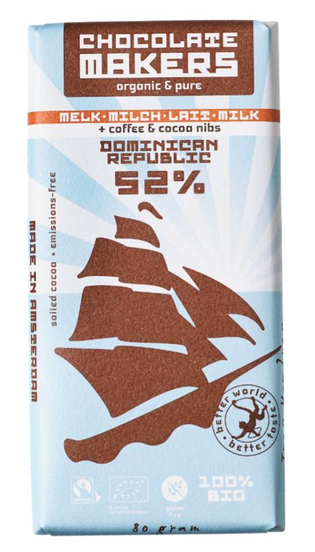Chocolatemakers Reep tres hombres 52% melk cacaonibs& koffie bio 80 gram