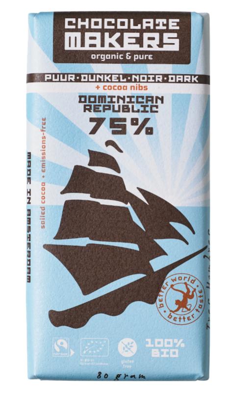 Chocolatemakers Reep tres hombres 75% puur met cacaonibs bio 80 gram