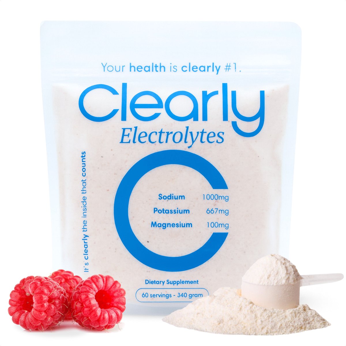 Clearly Electrolytes Framboos - Elektrolyten Poeder Zonder Suiker - Natrium 1000mg, Kalium 667mg, Magnesium 100mg - 340 Gram / 60 Doseringen