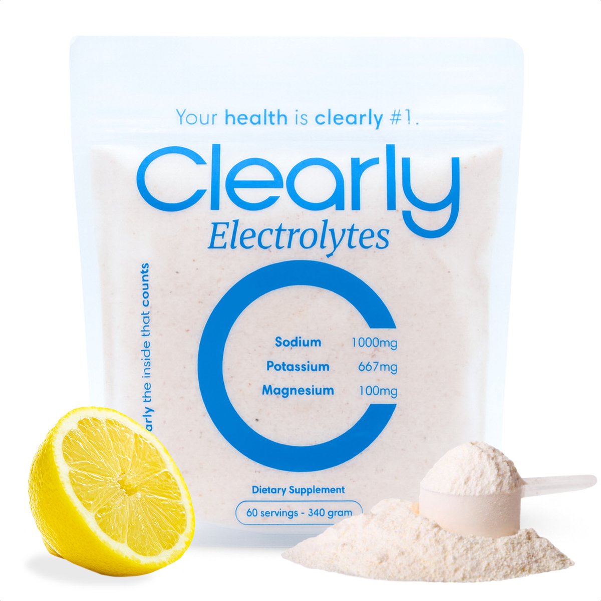 Clearly Electrolytes Lemon - Elektrolyten Poeder Zonder Suiker - Natrium 1000mg, Kalium 667mg, Magnesium 100mg - 340 Gram / 60 Doseringen