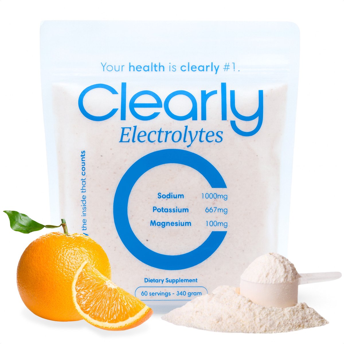 Clearly Electrolytes Orange - Elektrolyten Poeder Zonder Suiker - Natrium 1000mg, Kalium 667mg, Magnesium 100mg - 340 Gram / 60 Doseringen