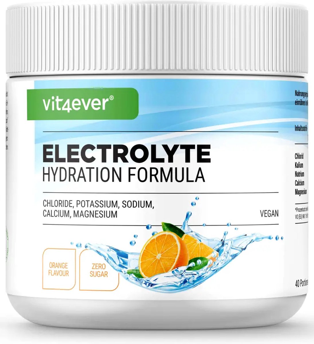 Elektrolyten - 200 g (40 porties) - Hydratatieformule met chloride, kalium, natrium, calcium, magnesium - Perfect voor sporters met vochtverlies - Zonder suiker - Veganistisch - Sinaasappelsmaak - Vit4ever