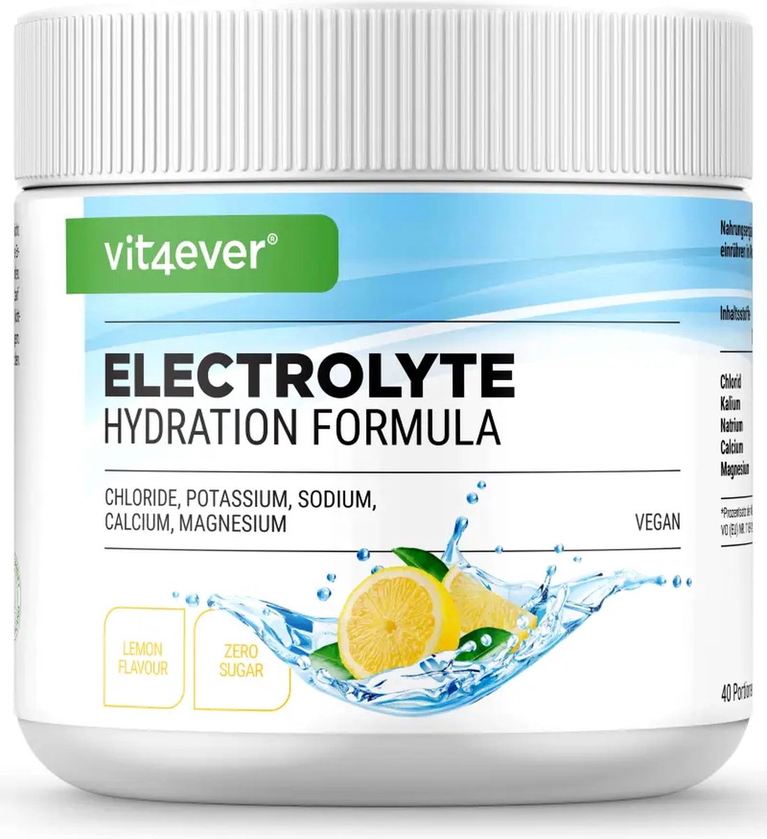 Elektrolyten - 200 g (40 porties) - Hydratatieformule met chloride, kalium, natrium, calcium, magnesium - Perfect voor sporters met vochtverlies - Zonder suiker - Veganistisch - Citroensmaak - Vit4ever
