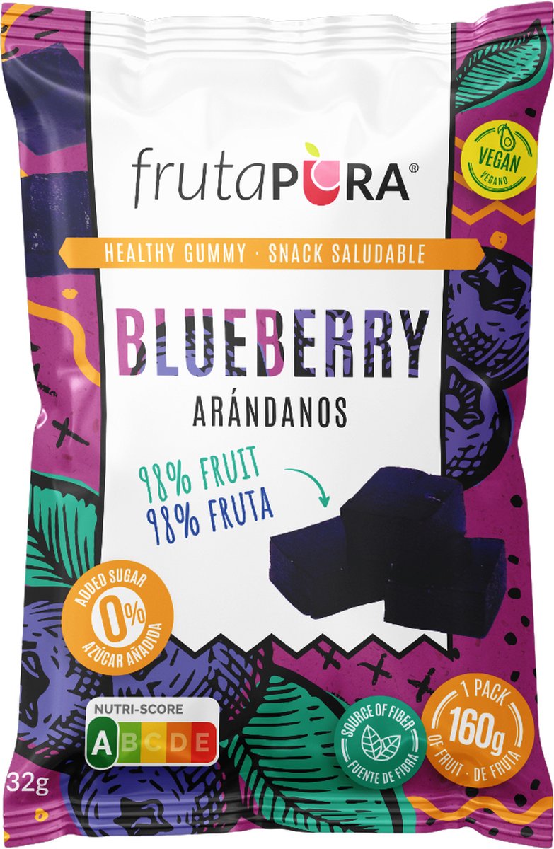 FrutaPura Blueberry | Bosbes | Healthy Gummy | Fruit Snack | Vegan, bron van vezels, gezond | 9 x 32 gram