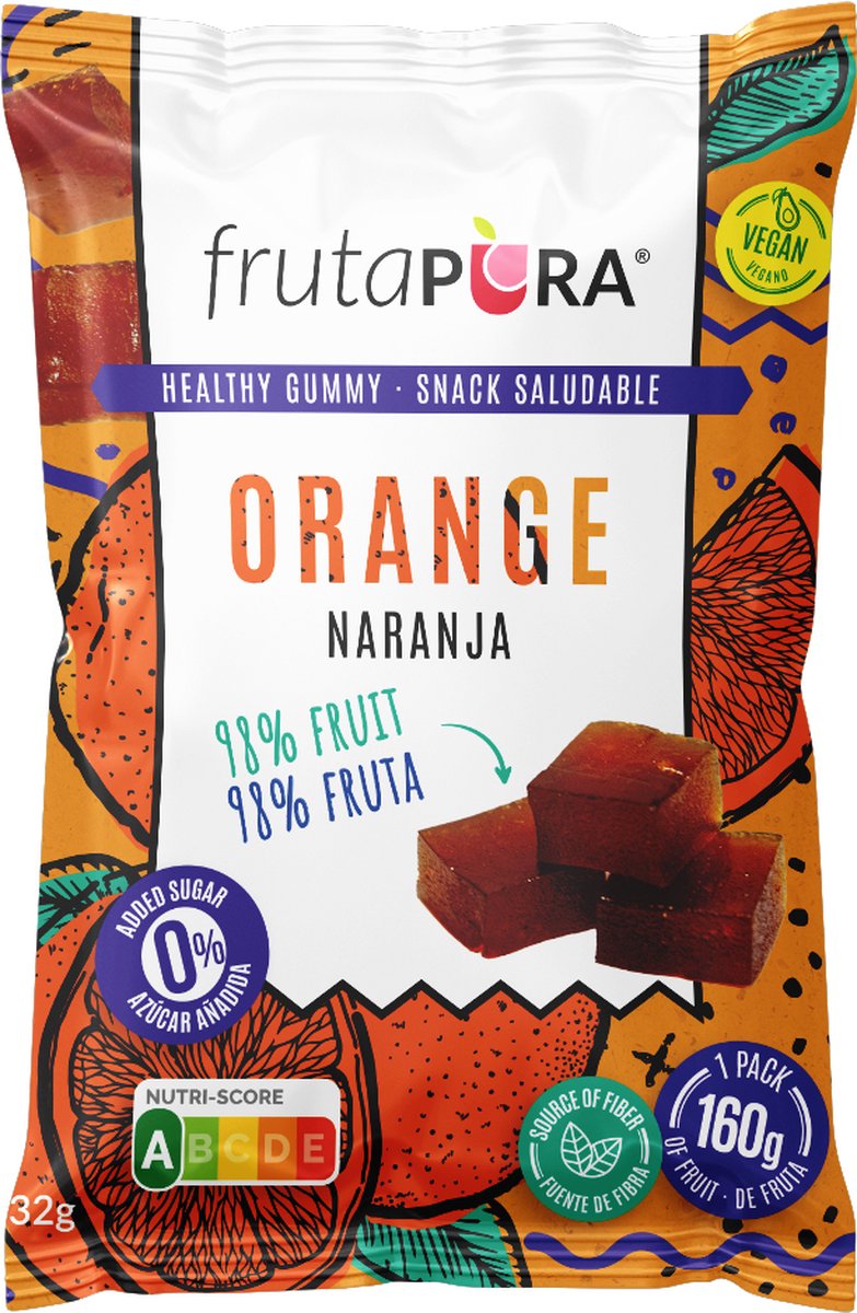 FrutaPura Orange | Sinaasappel | Healthy Gummy | Fruit Snack | Vegan, bron van vezels, gezond | 9 x 32 gram