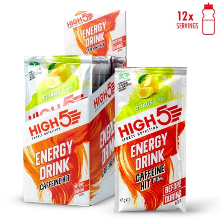 HIGH5 - Energydrink - 12 x 47g - Met cafeïne (140mg) - Lemon smaak - Isotone Energiedrank - Electrolyte - Elektrolyten + Koolhydraten Sportdrank - 2 : 1 fructose