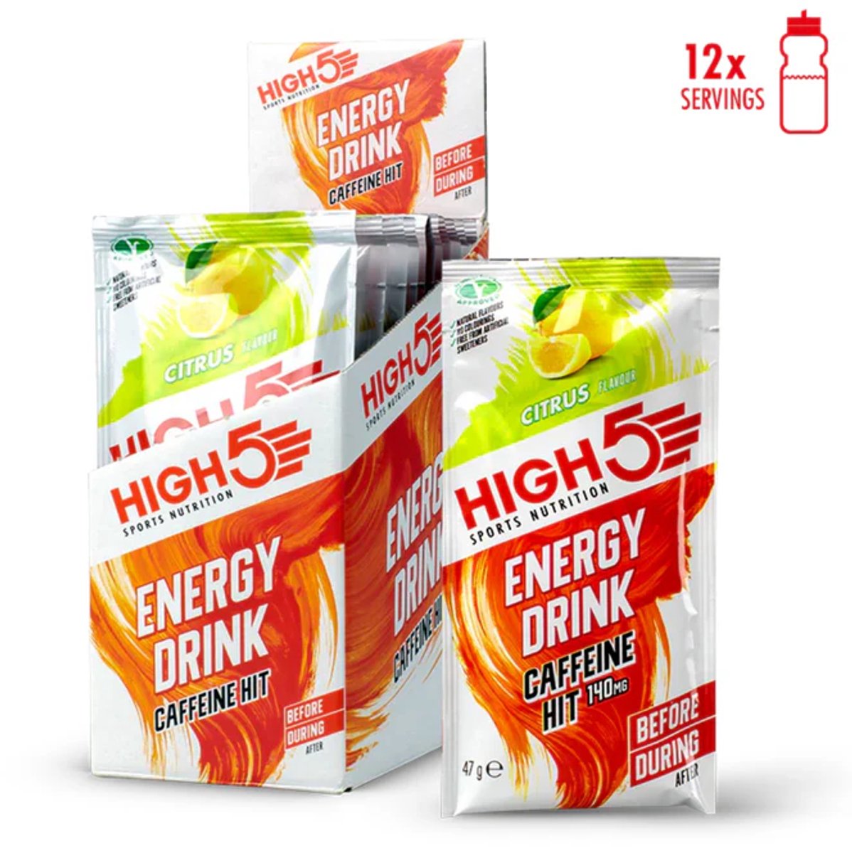 HIGH5 - Energydrink - 12 x 47g - Met cafeïne (140mg) - Lemon smaak - Isotone Energiedrank - Electrolyte - Elektrolyten + Koolhydraten Sportdrank - 2 : 1 fructose