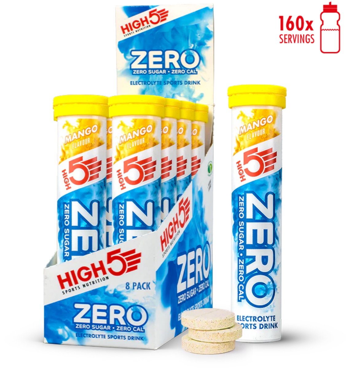 HIGH5 - ZERO Elektrolyten - Suikervrije Hydratatie Bruistabletten - Mango Smaak - Displaydoos 8x20 Stuks - Met Elektrolyten voor Sport & Herstel