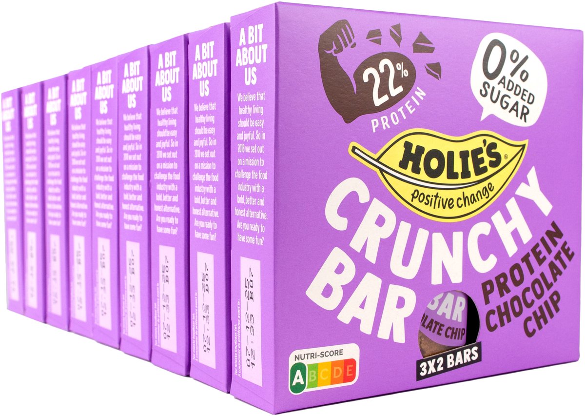 Holie's Crunchy Bar Protein Chocolate Chip 3x2 repen - reep - suikervrij - gezond - vegan - 9 pack