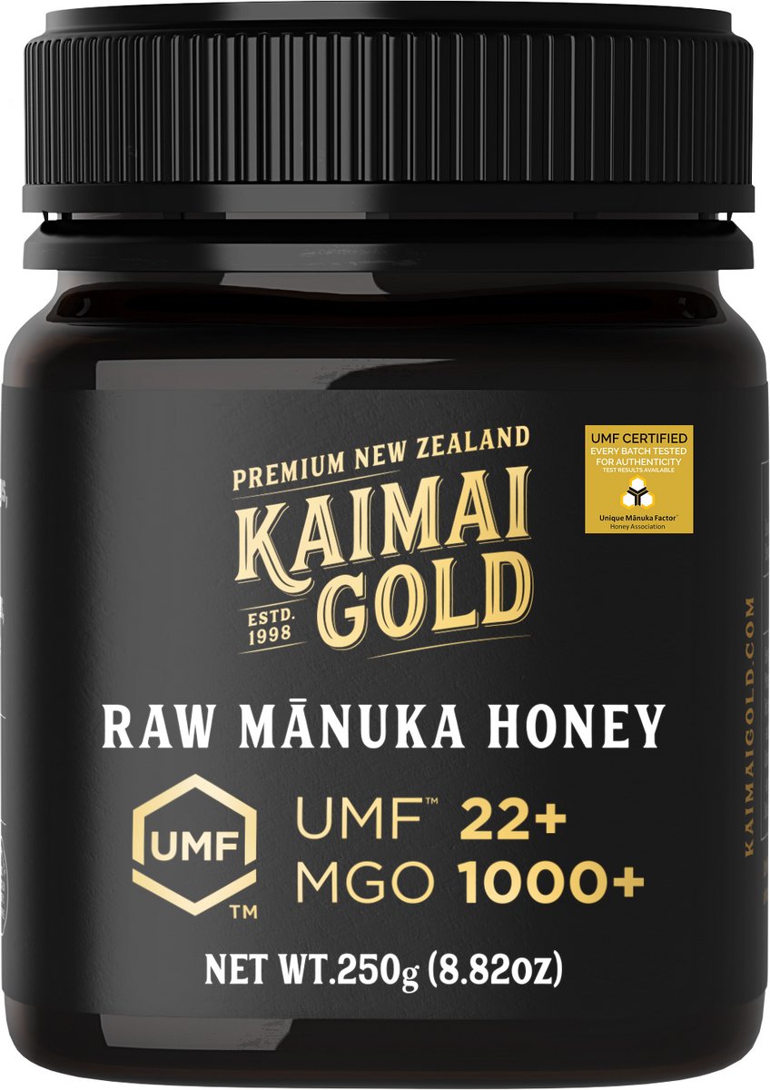 Kaimai Gold MGO 1000+ / UMF 22+ Manuka Honing * 250g Premium Monoflorale UMF® Gecertificeerde ManukaHoning uit Nieuw-Zeeland # T.h.t. 01-10-2029 # MGO 800 820 = UMF 19, 829 830 850 = UMF 20, 1122 = UMF 24, 1200 = UMF 25