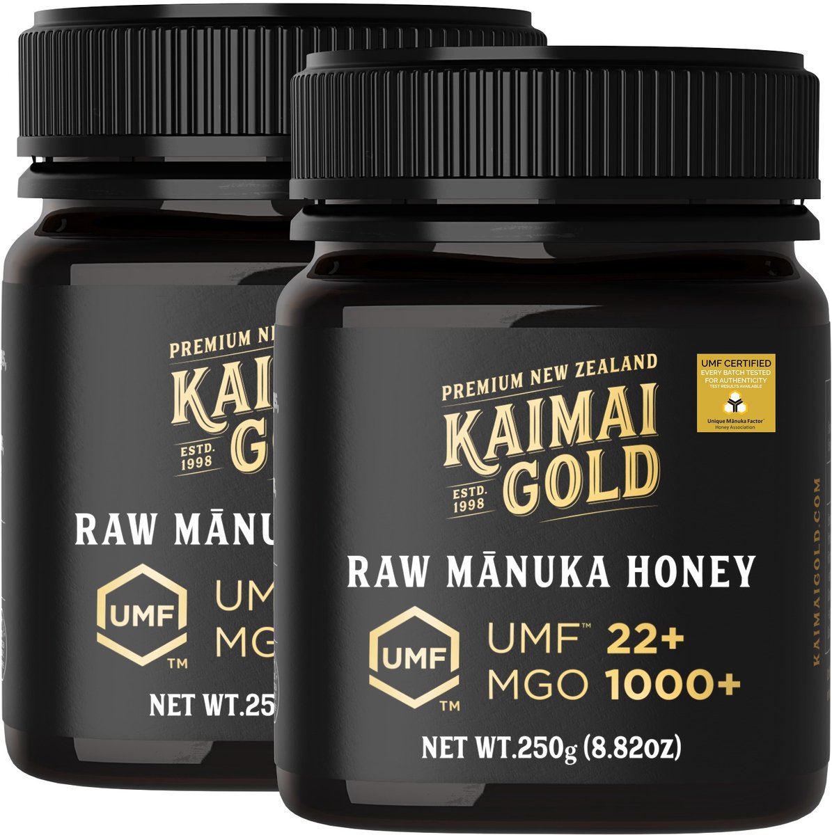 Kaimai Gold MGO 1000+ / UMF 22+ Manuka Honing * 500g (= 2x 250g) Premium Monoflorale UMF® Gecertificeerde ManukaHoning uit Nieuw-Zeeland # T.h.t. 01-10-2029 # MGO 800 820 = UMF 19, 829 830 850 = UMF 20, 1122 = UMF 24, 1200 = UMF 25
