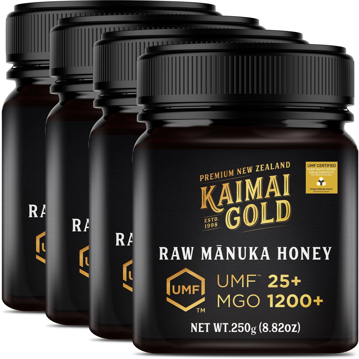 Kaimai Gold MGO 1200+ / UMF 25+ Manuka Honing * 1000G (4x 250G) Premium Monoflorale UMF® Gecertificeerde ManukaHoning uit Nieuw-Zeeland # T.h.t. 01-10-2029 # MGO 829 830 850 = UMF 20, 1000 = UMF 22, 1046 = UMF 23, 1122 = UMF 24, 1282 = UMF 26