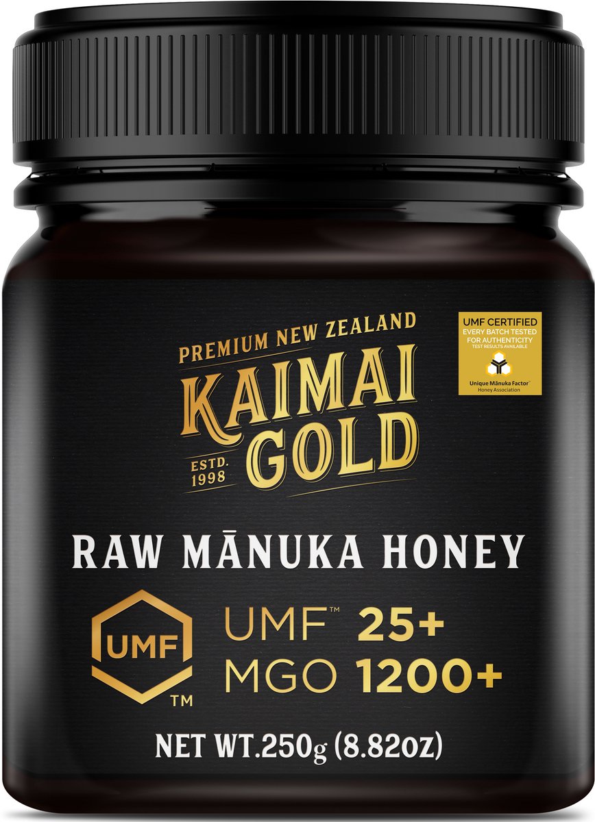 Kaimai Gold MGO 1200+ / UMF 25+ Manuka Honing * 250G Premium Monoflorale UMF® Gecertificeerde ManukaHoning uit Nieuw-Zeeland # T.h.t. 01-10-2029 # MGO 829 830 850 = UMF 20, 1000 = UMF 22, 1046 = UMF 23, 1122 = UMF 24, 1282 = UMF 26