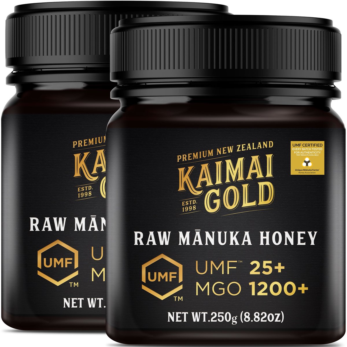Kaimai Gold MGO 1200+ / UMF 25+ Manuka Honing * 500G (2x 250G) Premium Monoflorale UMF® Gecertificeerde ManukaHoning uit Nieuw-Zeeland # T.h.t. 01-10-2029 # MGO 829 830 850 = UMF 20, 1000 = UMF 22, 1046 = UMF 23, 1122 = UMF 24, 1282 = UMF 26
