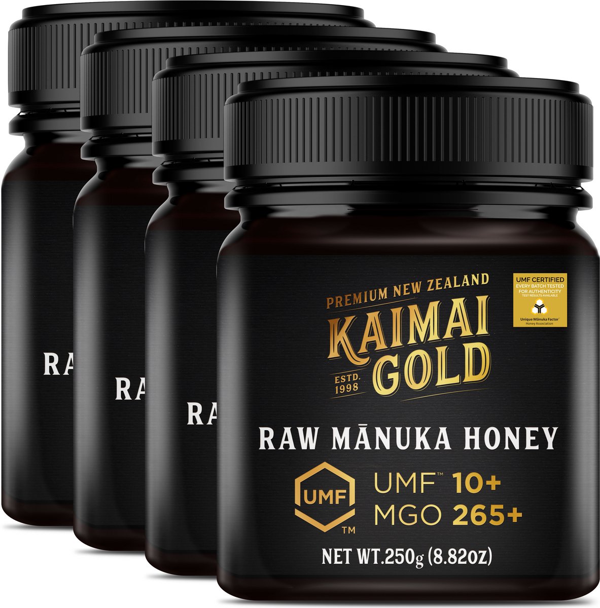 Kaimai Gold MGO 265+ / UMF 10+ Manuka Honing * 1000G (4x 250G) Premium Monoflorale UMF® Gecertificeerde ManukaHoning uit Nieuw-Zeeland # T.h.t. 01-10-2029 # MGO 182 = UMF 8, 250 = UMF 9, 300 = UMF 10, 310 = UMF 11, 356 400 = UMF 12