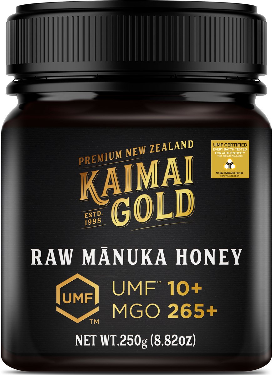Kaimai Gold MGO 265+ / UMF 10+ Manuka Honing * 250G Premium Monoflorale UMF® Gecertificeerde ManukaHoning uit Nieuw-Zeeland # T.h.t. 01-10-2029 # MGO 182 = UMF 8, 250 = UMF 9, 300 = UMF 10, 310 = UMF 11, 356 400 = UMF 12