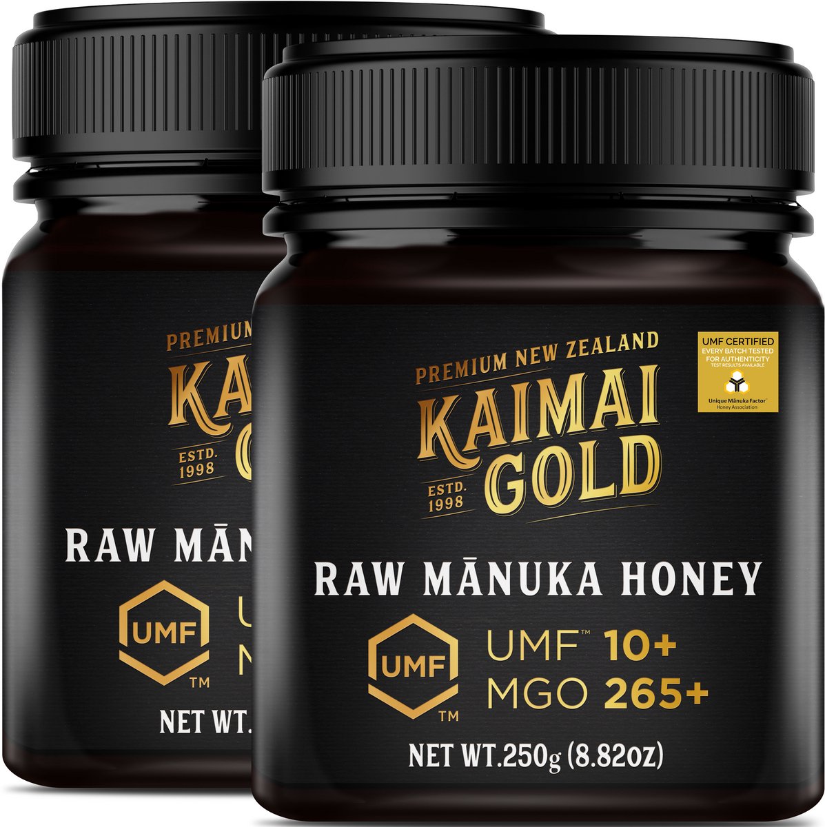 Kaimai Gold MGO 265+ / UMF 10+ Manuka Honing * 500G (2x 250G) Premium Monoflorale UMF® Gecertificeerde ManukaHoning uit Nieuw-Zeeland # T.h.t. 01-10-2029 # MGO 182 = UMF 8, 250 = UMF 9, 300 = UMF 10, 310 = UMF 11, 356 400 = UMF 12