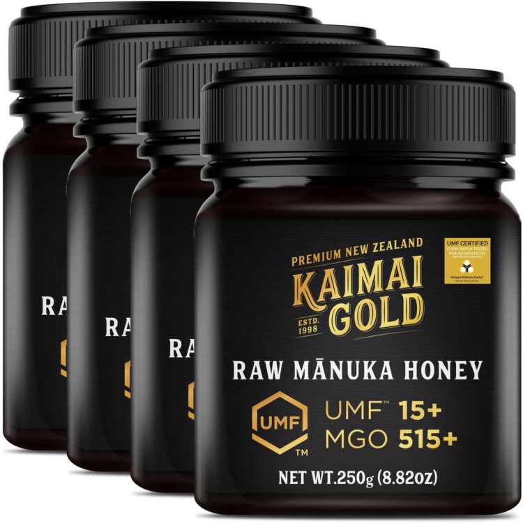 Kaimai Gold MGO 515+ / UMF 15+ Manuka Honing * 1000G (4x 250G) Premium Monoflorale UMF® Gecertificeerde ManukaHoning uit Nieuw-Zeeland # T.h.t. 01-10-2029 # MGO 400 = UMF 12, 420 450 = UMF 13, 514 550 = UMF 15, 600 625 = UMF 16, 696 700 720 = UMF 18