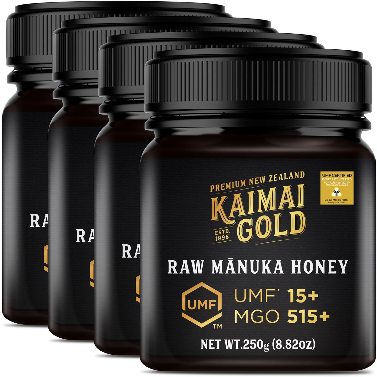 Kaimai Gold MGO 515+ / UMF 15+ Manuka Honing * 1000G (4x 250G) Premium Monoflorale UMF® Gecertificeerde ManukaHoning uit Nieuw-Zeeland # T.h.t. 01-10-2029 # MGO 400 = UMF 12, 420 450 = UMF 13, 514 550 = UMF 15, 600 625 = UMF 16, 696 700 720 = UMF 18