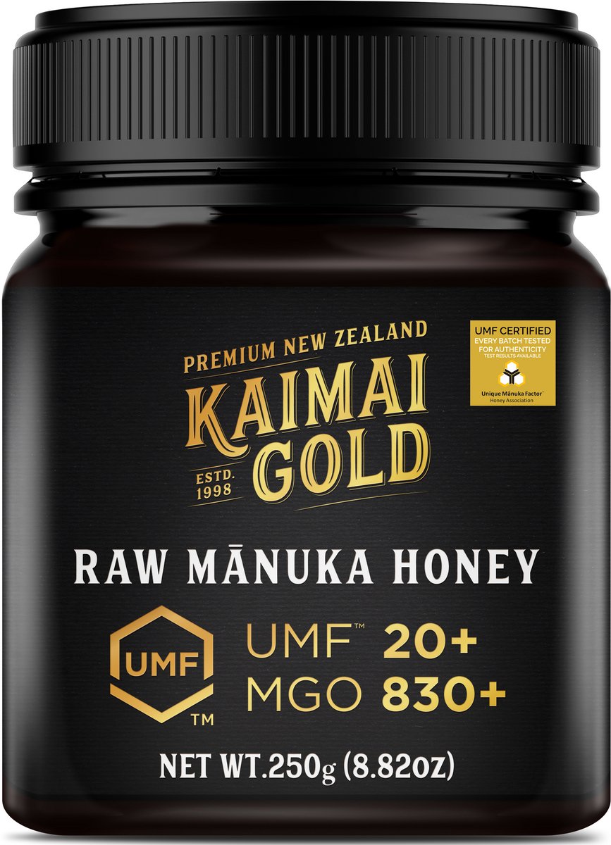 Kaimai Gold MGO 830+ / UMF 20+ Manuka Honing * 250G Premium Monoflorale UMF® Gecertificeerde ManukaHoning uit Nieuw-Zeeland # T.h.t. 20-07-2028 # MGO 600 625 = UMF 16, 696 700 720 = UMF 18, 800 820 = UMF 19, 829 850 = UMF 20, 1000 = UMF 22