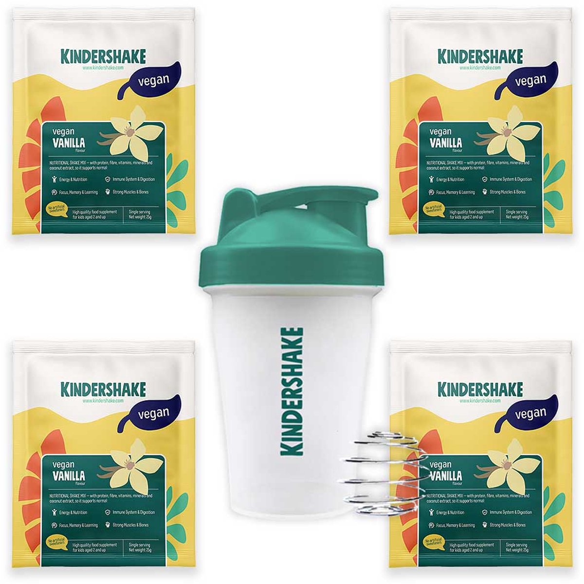 Kindershake Vegan - Proefpakket 4 zakjes + Shakebeker - Vanille