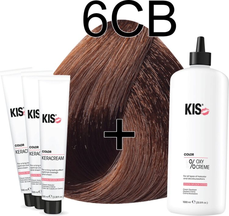 Kis KeraCream Color - 100ml - Haarverf Set - 6CB Donker chocolade blond | KIS - (3 x haarverf & 1L waterstofperoxide)
