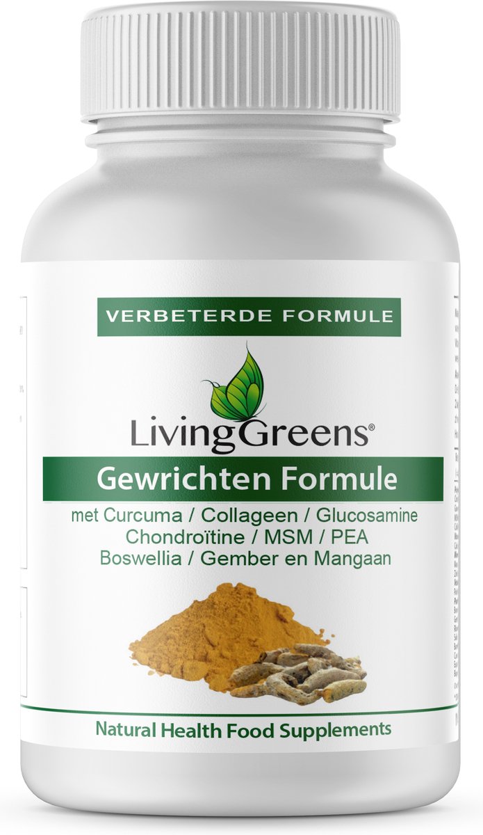 Livinggreens Gewrichten formule, 60 tabletten, Curcuma, Collageen, PEA, Glucosamine, Msm, Chondroitin, Manganese, Vitamin C, Curcuma Longa, Turmeric