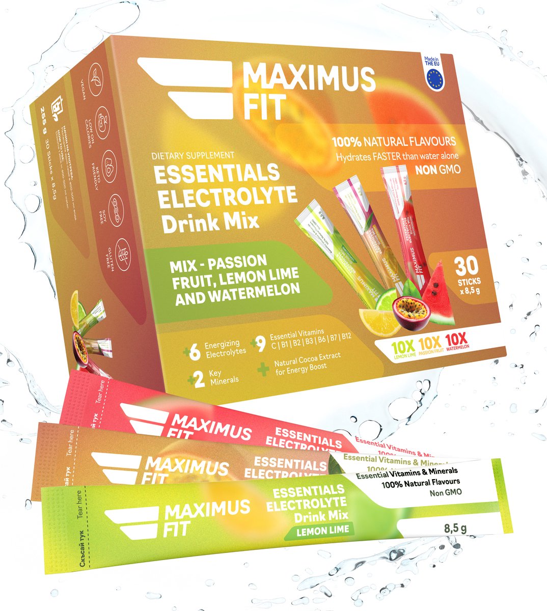 MaximusFit Elektrolyten - Elektrolyten Poeder - 30 zakjes van 8.5g - Weinig Suiker - Keto Friendly - Mix (10st. Citroen/Limoen, 10st. Watermeloen, 10st. passievrucht)