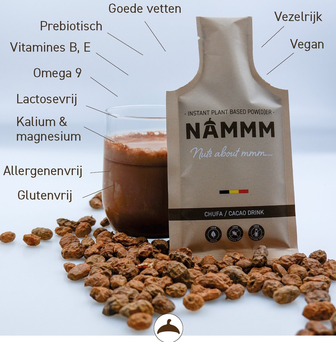 NAMMM chocodrink 25 zakjes - instant chocolade poeder - vegan op basis van tijgernoten - geen toegevoegde suikers en bewaarmiddelen - lactosevrij - wateroplosbaar - prebiotische vezels