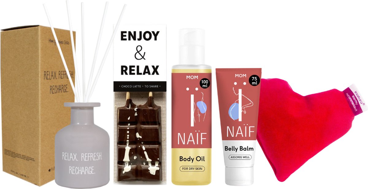 Naif Cadeauset Mom Relax Luxe Body, Chocolade & Geurstokjes - Naif Mom Body Oil 100ml Relaxing - Naif Mom Buikbalsem 75ml Nourishing - Liv 'n Taste Choco Latte Enjoy & Relax - Kersepittje Klein Hartje Rood