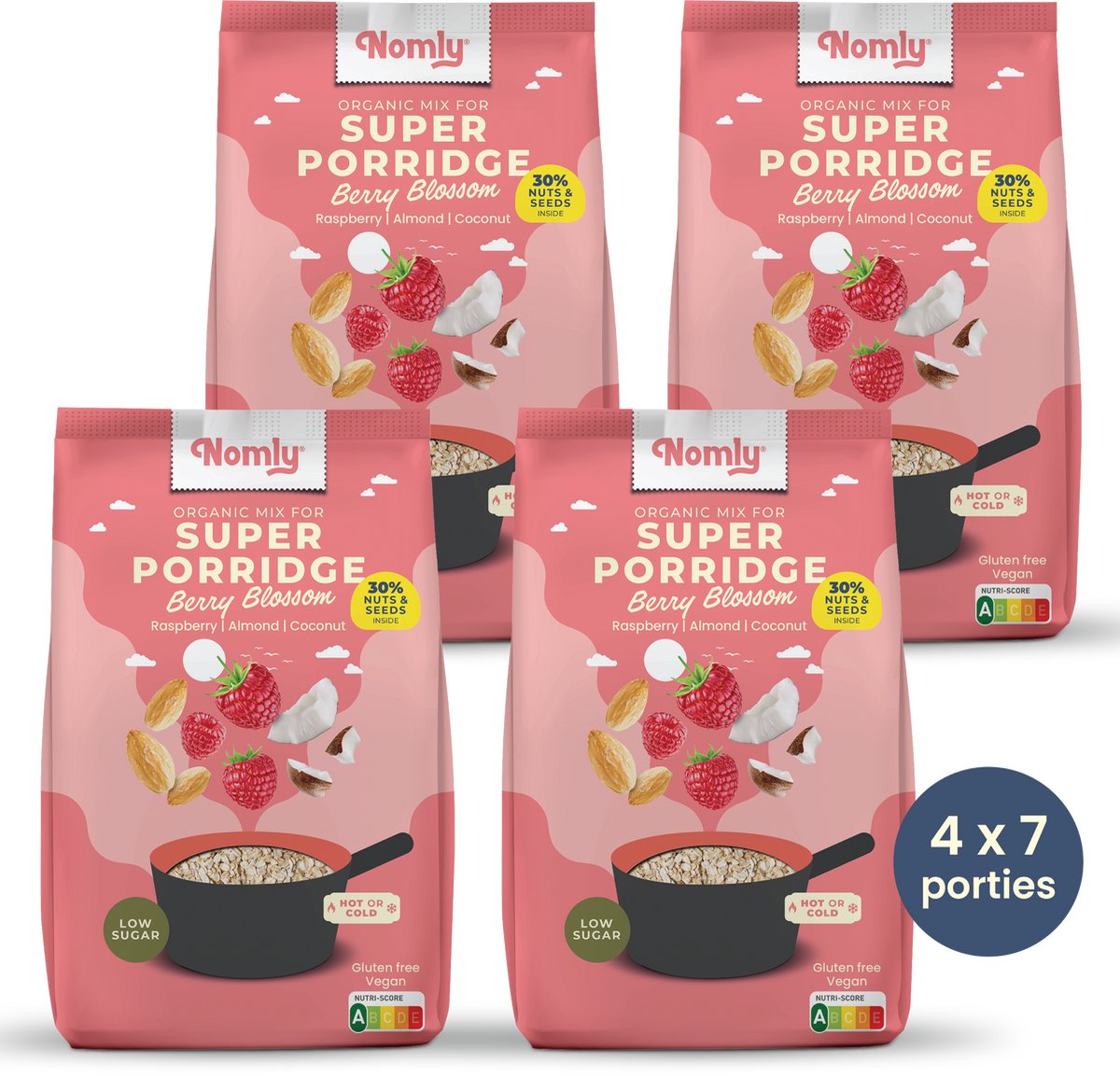 Nomly Havermout Berry Blossom - Framboos Amandel Kokos - 4 x 280g - ontbijtgranen - overnight oats - laag in suikers - gezond - vegan - 100% glutenvrij - biologisch