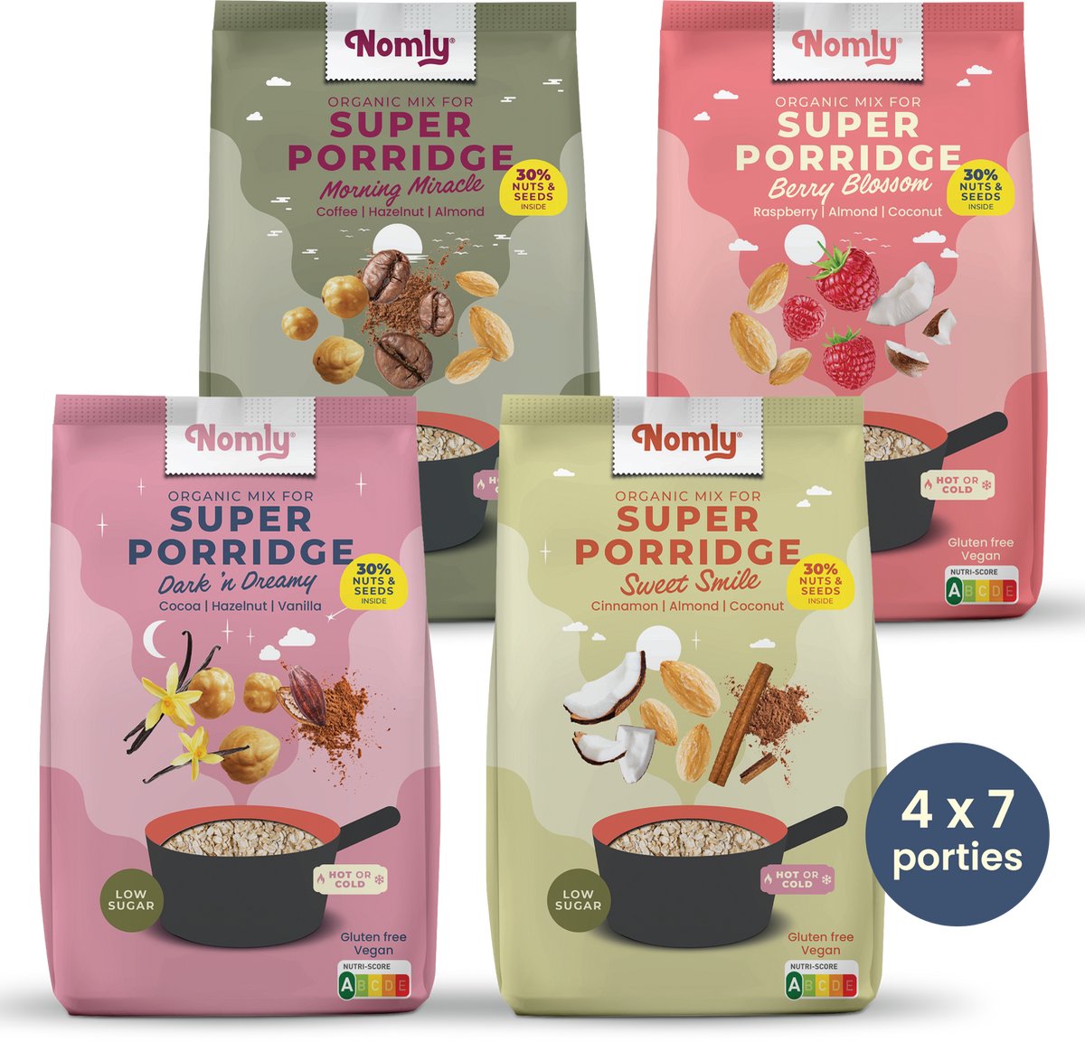 Nomly Havermout Mixdoos - 4 x 280g - ontbijtgranen - overnight oats - laag in suikers - gezond - vegan - 100% glutenvrij - biologisch